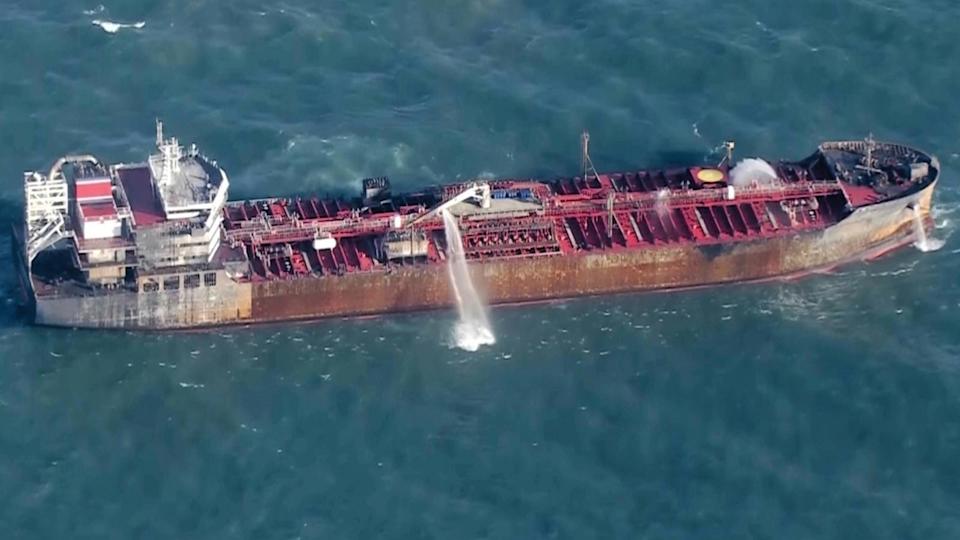 PHOTO: This picture taken from video shows the fuel tanker MV Stena Immaculate in the North Sea, off the coast of northeast England, Tuesday, March 11, 2025.  (Sky/AP)