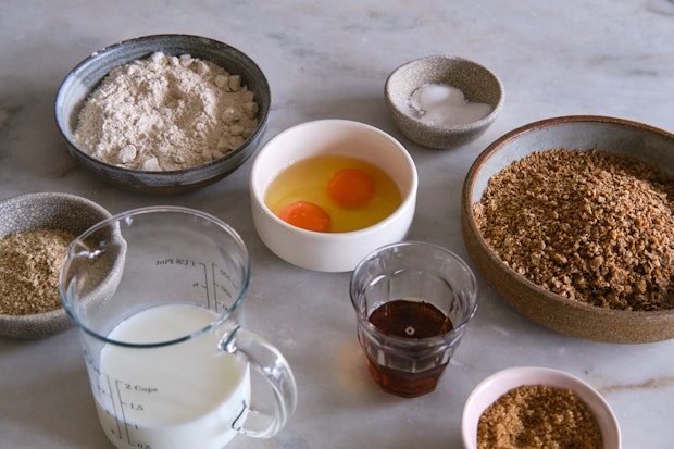 ingredients to make bran muffins on a kitchen counter