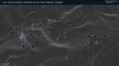 Chris Biggers/Umbra Space Umbra image showing areas Israel has carried out strikes at Tabriz missile complex