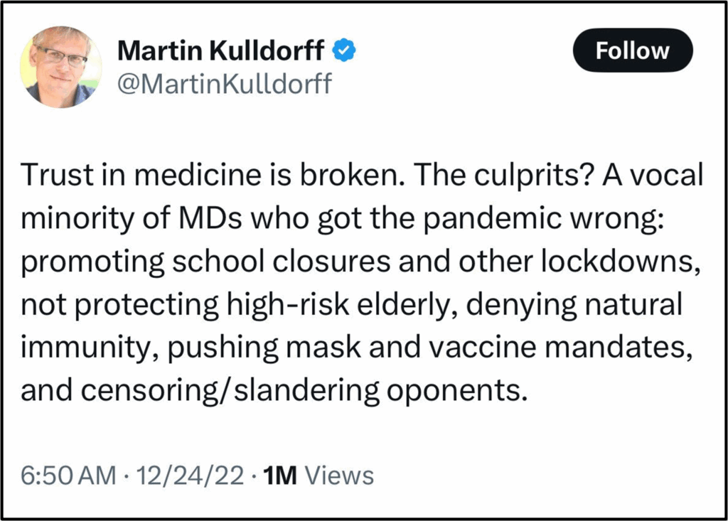 A tweet by Martin Kulldorff claims trust in medicine is broken due to a minority of doctors promoting pandemic lockdowns, mandates, and censorship, with 1M views shown.