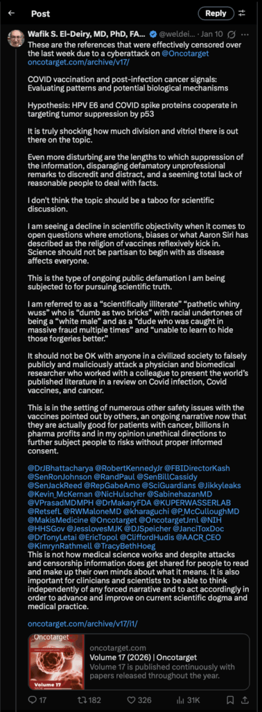 A Twitter post by Wafik S. El-Deiry shares a link to a scientific article on Oncotarget about COVID-19 vaccination and post-infection cancer signals. The post discusses hypotheses, mechanisms, and the need for more research.